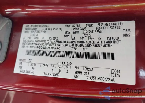 2014 Ford Escape Se from USA, damaged, VIN 1FMCU9G94EUE05476